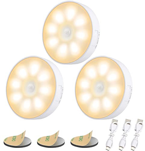 Electight Motion Sensor Lights Indoor, 3 Pack Night Light Type-C USB Rechargeable Battery, Cordless LED Adhesive Lamp with Magnetic Base, Cupboard Wardrobe Lights, Puck Light -Warm Yellow