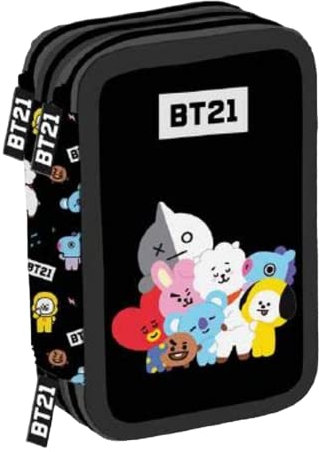 Federmäppchen für Scuola BT21, 3 Etagen, komplett schwarz + gratis Pailletten-Schlüsselanhänger