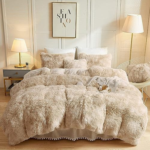 Michorinee Plüsch Bettwäsche 135x200 Winter Flauschig Warme Bettbezug Fleece Flausch Langhaar Kunstfell Tie Dye Gedruckt Beige Plüschbettwäsche Set Reißverschluss - 135 x 200 + 80 x 80 cm
