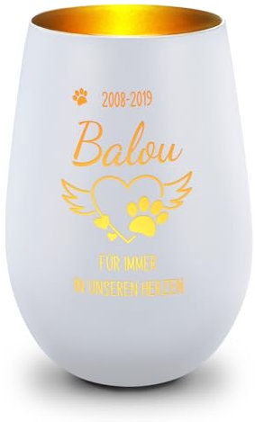 GRAVURZEILE Deko Windlicht aus Glas mit Gravur - Pfotenherz - Personalisiert mit Namen & Datum - Haustier Trauerlicht - Grabschmuck zur Beerdigung oder als Andenken - Weiß/Gold