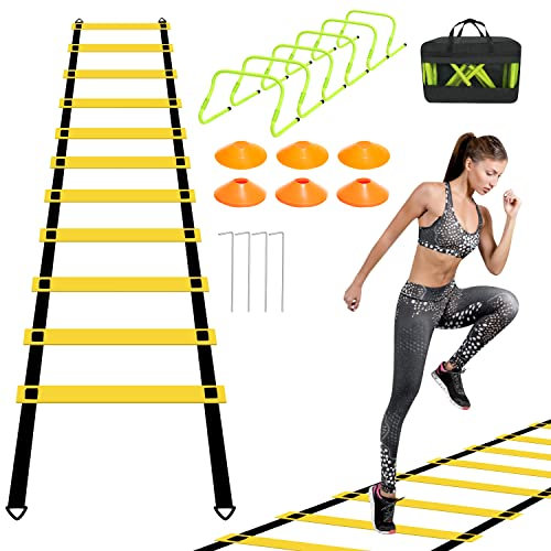 Cecaylie Fussball Trainingszubehör, Koordinationsleitern für Fußball, Speed & Agility Training Set mit 12 Hütchen fußball & 6 Verstellbare Hürden, Tragetasche, Trainingsgerät für alle Sportarten