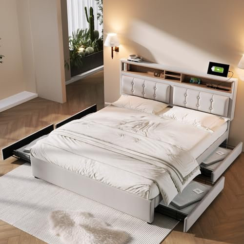 Merax Polsterbett 140x200cm mit USB C Steckdose, Doppelbett Stauraumbett mit 4 Schubladen & Lattenrost, Bettgestell mit Verstellbares Stauraum Kopfteil, Funktionsbett, Leinen, Ohne Matratze, Beige