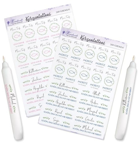 FEENSTAUB Kerzen Tattoos für die Taufe, personalisierte Gastgeschenk selber machen, Aufkleber für Kerzen, Taufsymbol Fisch, DIY Taufkerze, Give-Aways gestalten, bedruckte Folie für Kerzen