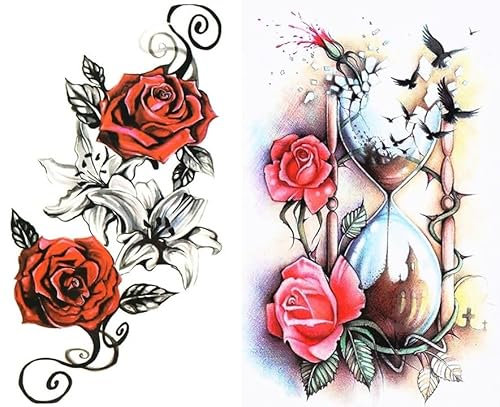 2 Blatt Rosen Tattoo Vogel Tattoo Blumen Tattoo Temporäres Sanduhr Rose Tattoo HB509 516