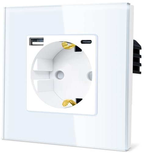 TAWOIA Schuko Steckdose mit USB Type C (MAX 20W) Schnelllade Schnittstelle,EU-Standard 1 Fach Steckdosen mit Kristall Glas Platte Wandsteckdosen Weiß 86 * 86mm
