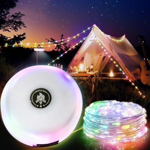 ATJTYSX Camping Lichterkette Aufrollbar, wasserdichte Tragbare Verstaubare Lichterkette, mit 5 Beleuchtungsmodi, USB-Aufladung für Camping, Hof 10m(warmes Licht + farbiges Licht)