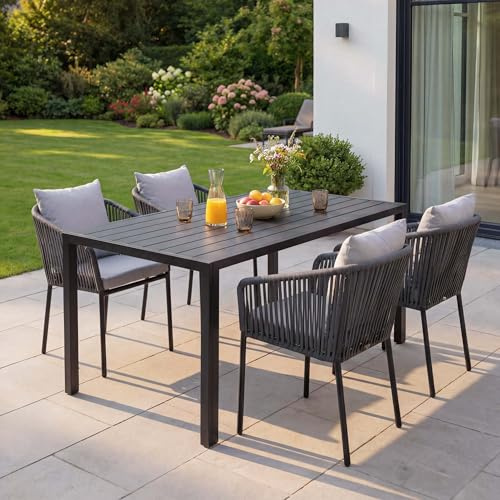 Mendler Gartengarnitur HWC-N41 Tisch+4xStuhl - anthrazit Kissen grau | wetterfest, Seilgeflecht, Rope, Alu, 140x80cm