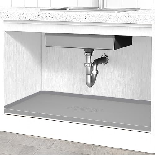 Under Sink Mat for Kitchen Waterproof, 37 x 19 Silicone Under Sink Liner Kitchen & Bathroom Cabinet Protector Mats, Heavy Duty Flexible Under Sink Drip Tray with Lip, Cool Grey