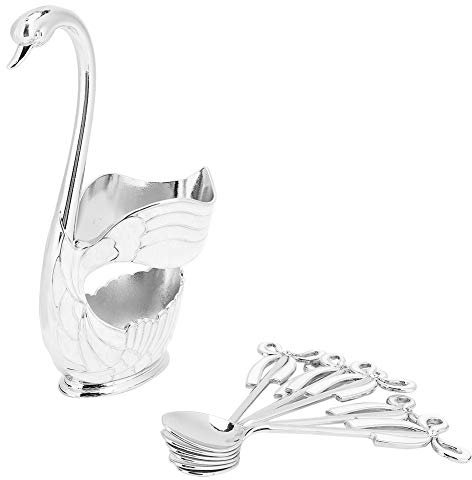 Swan Spoon Holder Tea Spoon Set Coffee Spoon Stand Kit European Style Dessert Spoon Set Decorative Swan Base Holder for Coffee with 6 Spoons (Silver White)