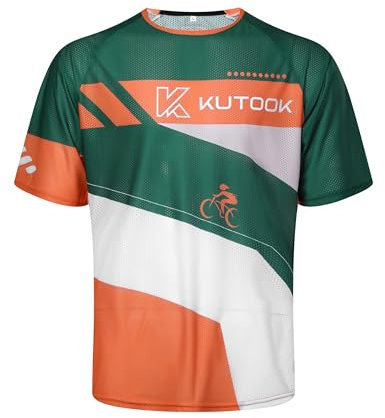 KUTOOK Radtrikot Herren Kurzarm Sommer MTB Rennrad Trikot Atmungsaktiv Schnell Trocknend Mesh Fahrradshirt Fahrradtrikot für Radsport Radfahrren Laufen Outdoor Sport Grün&Orange L