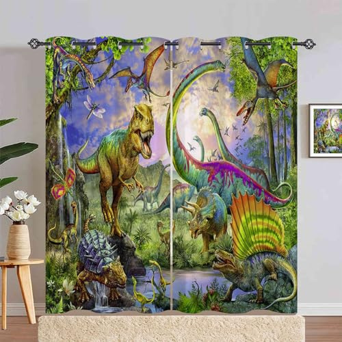 ANHOPE Dschungel Tier Dinosaurier Vorhänge mit Ösen Blickdichte Gardinen Thermo Vorhang Blackout Curtain Schlafzimmer Wohnzimmer Kinder Jungen Mädchen Verdunklungsvorhänge 2er Set H 245 x B 140 cm
