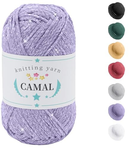 CAMAL Baumwolle zum Häkeln, 100g / 140m Glitzern Häkelwolle Baumwolle für Taschen Weich Funkelnd Tshirt Garn für Häkel & Strickgarn, Metallic Häkelgarn für DIY Handtasche (Hellviolett Silber)