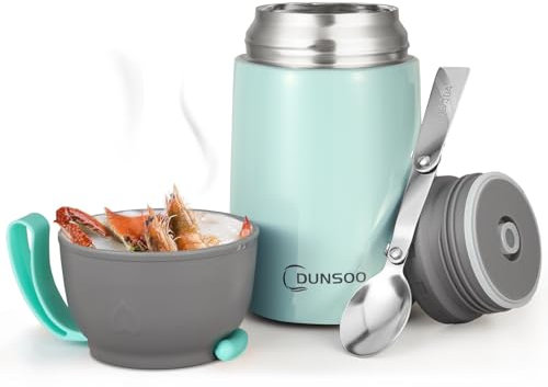 DUNSOO Thermobehälter für Essen 650ml | Wärmebehälter für Speisen Edelstahl mit Faltbaren Löffel | Thermo Lunchbox Ideal für die Aufbewahrung von Suppen, Brei, Eiscreme und Joghurt. (Hellgrün)