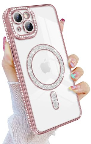 Newseego Custodia Magnetica per iPhone 15 Plus [Compatibile con Magsafe], Glitter Antiurto Antiscivolo Ragazze Donne Lente all Inclusive Cover Morbida e Sottile in TPU per iPhone 15 Plus-Rosa