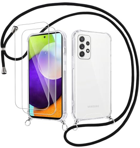 Votvloay Coque Cordon pour Samsung Galaxy A52 5G 6,5 avec 2 Pièces Verre Trempé, Transparent Étui Laniere Collier Corde Case, Mince TPU Souple Silicone Housse Antichoc Cover pour Samsung A52, Noir