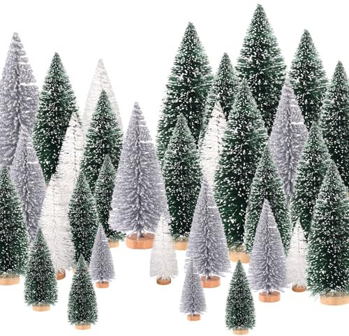 30pcs Mini Weihnachtsbaum Weihnachtsdeko Künstlicher, 5 Größen mit Holz Basis, Weihnachtsbaum mit Schnee, Tischdeko Weihnachten(Dunkelgrün+Silber+Weiß)