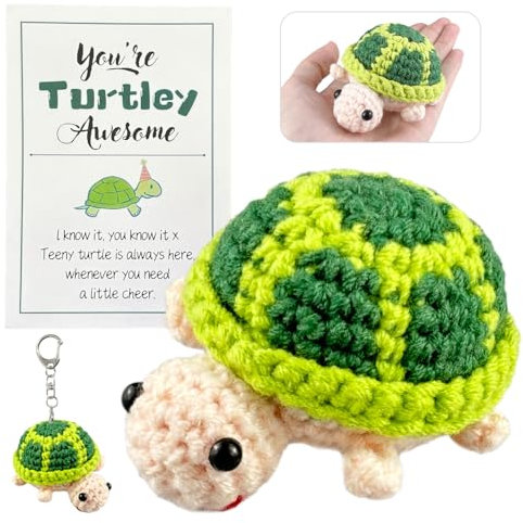 Qnynnty Positive Häkel Schildkröte Pocket Hug Geschenk Positive Energie Schlüsselanhänger mit Glücksbringer Karte Niedliche Strickwolle Schildkröten Puppe für Geburtstag, Freunde und Deko