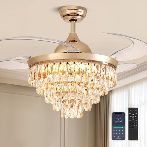 CROSSIO 48 Crystal Ceiling Fans with Lights and Remote, Dimmable, 6 Speeds, Luxury Chandelier Fan Rose Gold Crystal Fandelier for Dining Room Living Room Bedroom
