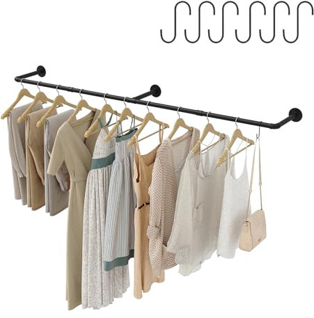 Gemsaya Industrierohr Kleiderstangen, 180cm Kleiderständer Wandmontage, Platzsparend Robuster Abnehmbare Retro-Garderobenstangen aus Metall, Schwarz Kleiderständer für die Wand