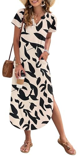 AUSELILY Women's Summer Casual Maxi Dress Short Sleeves V Neck Loose Sundress Split Long Beach Shirt Dress Vacation Apricot Black Leaf S