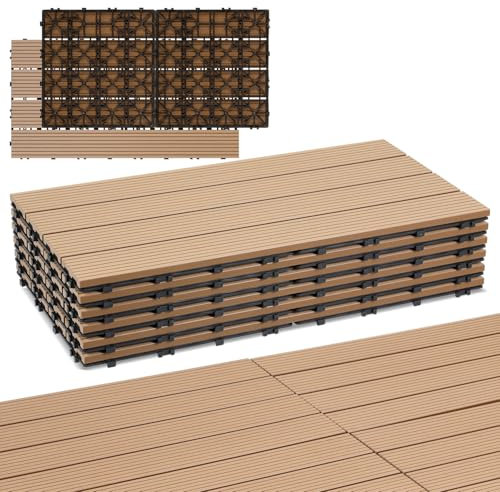 Randaco WPC Fliesen 30x60cm, Klickfliesen Balkonfliesen in Holzoptik 18er Set für 3m² Bodenbelag für Balkon, Wetterfest mit Drainagefunktion, Rutschfest, Leicht zu verlegen, Teak