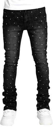 SANSIWU Stretch Fit Skinny Stacked Ripped Destroyed Y2K Patch Jeans for Men Hip Hop Streetwear (C-Black, L)