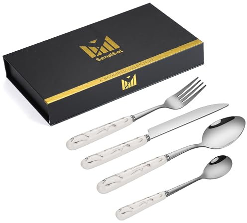SensiSel 16 Piece Ceramic White Marble Handles and Silver Plated Stainless Steel Silverware Dishwasher Safe Flatware Cutlery Set Service for 4 (Gift Boxed)
