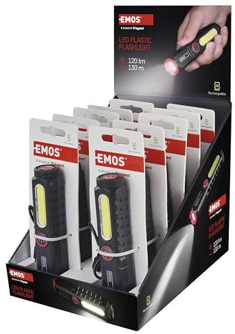 EMOS aufladbare LED Taschenlampe mit Magnet und Klipp, 10 Stück - 2 Lichtquellen - Lichtstrom 120 lm, 130 m Leuchtweite - 400 mAh Akku Li-Ion - 2 h Einsatz - inkl. USB-C Ladekabel - Family-Pack