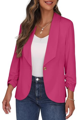 PrinStory Blazer da donna con colletto a risvolto 3/4 maniche increspate giacca con un bottone cardigan corto blazer da ufficio abbigliamento casual, Ciliegia rosa acceso, 50