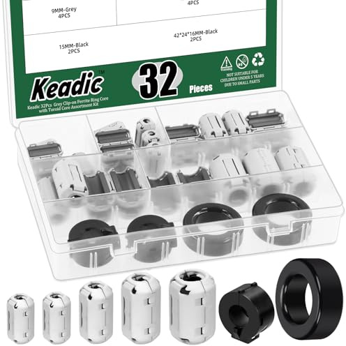 Keadic 32Pcs Clip-on Ferrite Ring Core RFI EMI Noise Suppressor Cable Clip Set, Anti-interference cable clip for 3.5/5/7/9/13/15/16mm Inner Diameter Telephones Tvs Speakers Radio Audio(Gray)