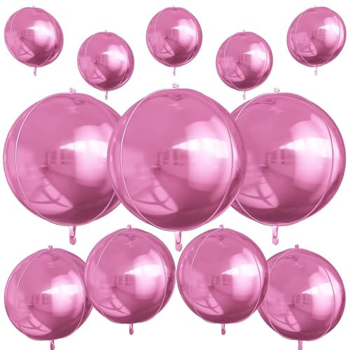 12Pcs Pink Round Foil Balloons, 22 15 10 4D Helium Ball Balloon, Metallic Pink Foil Balloon for Birthday Graduation Wedding Anniversary New Year Eve Disco Prom Party Decorations