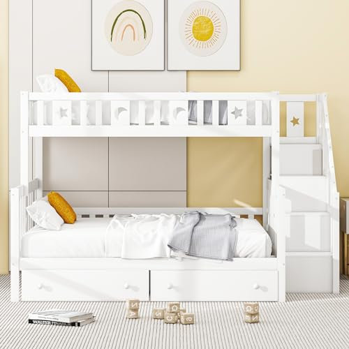 Etagenbett Kinderbett 90x200&140x200 für 2-3 Kinder, Hochbett mit Treppe&Lagerregal&2 Schubladen, Funktionsbett Holzbett Jugendhochbett Bettgestell mit Rausfallschutz&Lattenrost, Ohne Matratze, Weiß