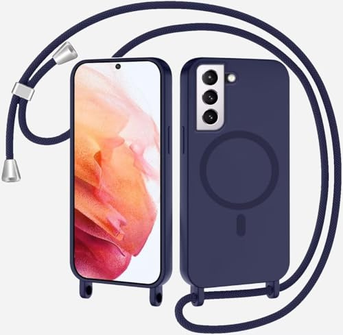 Magnetische Handykette für Samsung Galaxy S21 Hülle mit Band,Handyhülle Kompatibel mit MagSafe,Kabellosem Laden Silikon Seil Necklace Handyhülle mit Abnehmbar Kordel zum Umhängen Case,Dunkelblau