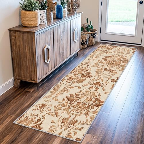 SUWALI Teppich Läufer Flur 80x300 cm Vintage Damast, Braun Antik Barock Teppichläufer, rutschfest Waschbar Weich Kurzflor Flurläufer Flurteppich, Lang Läufer Teppich für Küche Korridor Eingang