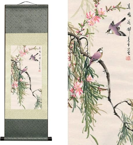 AtfArt Silk Scroll Painting, Wall Decor Birds and Flowers, 36.2x12in | Magpie, Spring Blossoms, Traditional Chinese Bird-and-Flower Art, Silk Wall Hanging Scroll for Living Room, Bedroom, Office