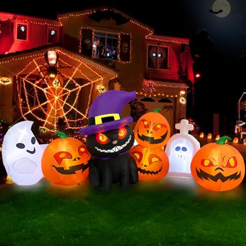 Danxilu 8 piedi di Lunghezza Gonfiabili Halloween Zucca e gatto con Lapide Fantasma Gonfiabile Halloween Esterno Decorazioni Luci LED Integrate per Giardino Cortile Prato Vacanza Casa Interno