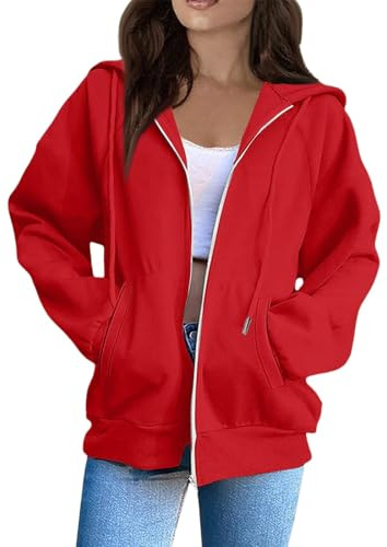 Sweat a Capuche Femme Zippé Sport - Veste Polaire Femme Hiver Oversize Automne Sweatshirt avec Poches Chaud Casual Sweats Manche Longue Coton Sweat-Shirt(Rouge,M)