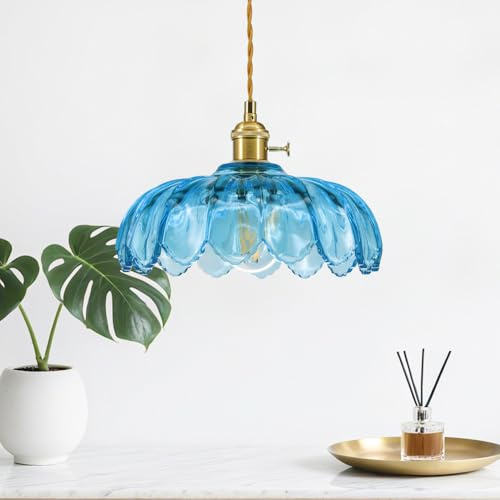 YLTLINK Blau Lotus hängelampe Esstisch,Vintage Glas Pendellampe mit E27 Fassung, Höhenverstellbar, Modern Retro Pendelleuchte,Glas-Lotus-Schirm,Hochwertig, für Esszimmer, Küche, Wohnzimmer, Bar, Café