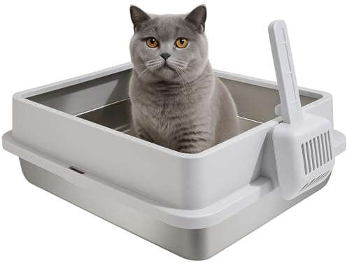 FURRYPAWS Stainless Steel Cat Litter Tray, Removable and Metal Leak-Proof Stainless Steel Litter Tray, Metal Litter Box with Litter Scoop(49x39x16cm)