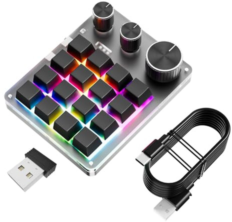 Plyisty Programmable Macro Keyboard, 16 Keys, Black | One Handed Mechanical Gaming Keypad with 3 Knobs, USB Wired/Bluetooth/2.4G