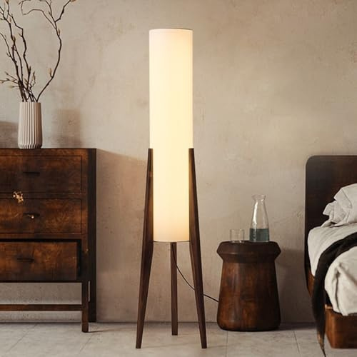 MESOVFCA Wabi-sabi 50 Zoll Holzstativ Stehlampe Leinen Bodenleuchte Rund Stoff Hohe Lampe mit E26 Dimmbar Holz Stehleuchte für Wohnzimmer Schlafzimmer Arbeitszimmer Sofa Bereich Teestube