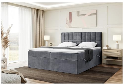 MEBLINI Boxspringbett mit Bettkasten - 200x220 - H3/Dunkelgrau Samt - Lukas - Gepolstert Doppelbett mit Matratze und Topper - Polsterbett mit Stauraum - Bett mit Kopfteil - Stauraumbett