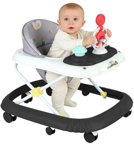 4 in 1 Lauflernhilfe, Lauflernwagen, Baby Walker, Licht & Rädern, Gehfrei Baby ab 6 Monaten, 12kg Belastbar (67 x 72 x 92 cm – Schwarz (B))