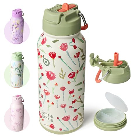 BOTTLE BOTTLE Insulated Water Bottle 950ml(32oz) Stainless Steel Sports Water Bottles with Straw Dual-use Lid Drink Flask Design for Gym with Pill Box (rose red)