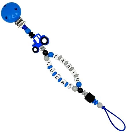 Nuckelkette mit Doppelnamen Geburtsdatum  TRAKTOR  Mittelblau Hellgrau Schwarz/Baby/Unisex/Personalisiert HANDMADE