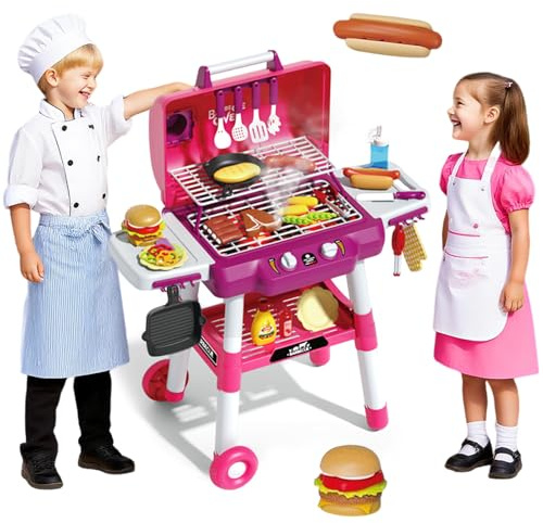 Balakaka Jouet de Cuisine pour Enfants 31 Pièces 80 cm de Haut, Barbecue Grill Set de Jeux Cuisine avec Lumière Son et Fumée, avec Ustensiles et Roues pour Fille Garçon 3+
