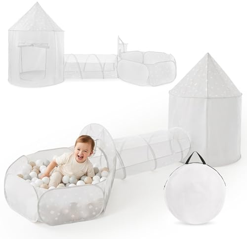 Mamabrum Set de Juego 3 en 1 con Castillo, Túnel y Piscina de Bolas para Niños, Poliéster 190T con Recubrimiento PA, Malla Mesh y Alambre de Acero Galvanizado, 105x105x145 cm