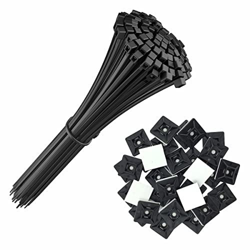 intervisio Set Kabelbinder 200mm x 2,5mm, schwarz, 100 Stück und Klebesockel für Kabelbinder, 19mm x 19 mm, schwarz, 50 Stück