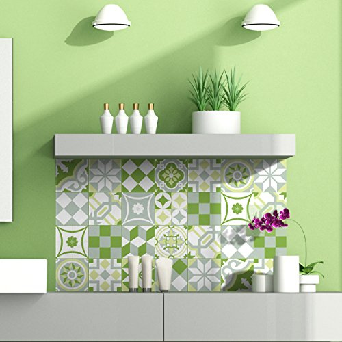 Ambiance Sticker Adhésifs Carrelages Autocollant Ornements Verdoyant Carreaux de Ciment Carrelage Sticker Mural Salle de Bain et Cuisine | 24 Pièces de 20 x 20 cm