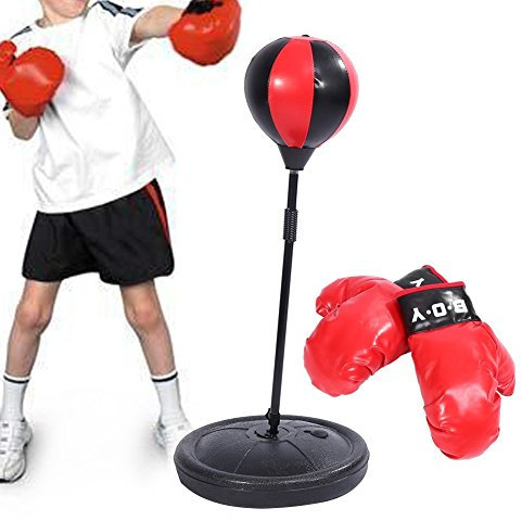 Kinder Box Set, Kinder Boxstand mit Handschuhen und Pumpe Punchingball Boxen Set höhenverstellbarem Ständer 70-105cm